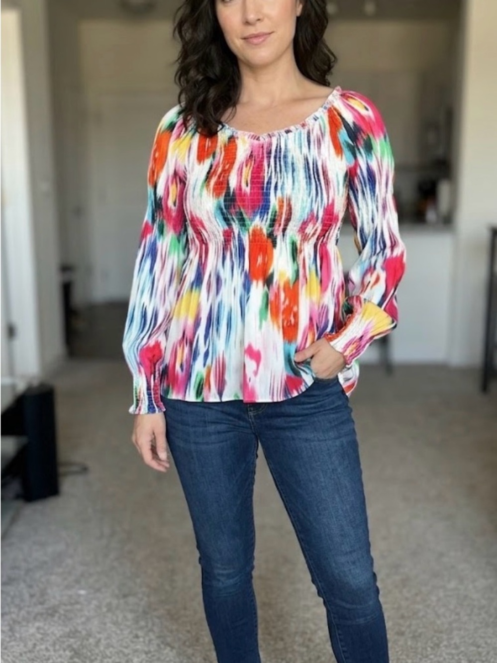 Multicolor Smocked Peasant Blouse - Women from Sunny Leigh